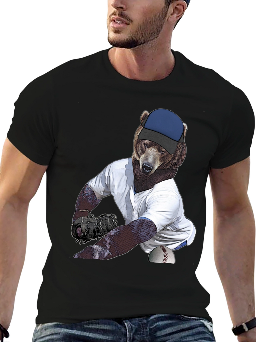 Bear Pitcher Graphic Tee - Black