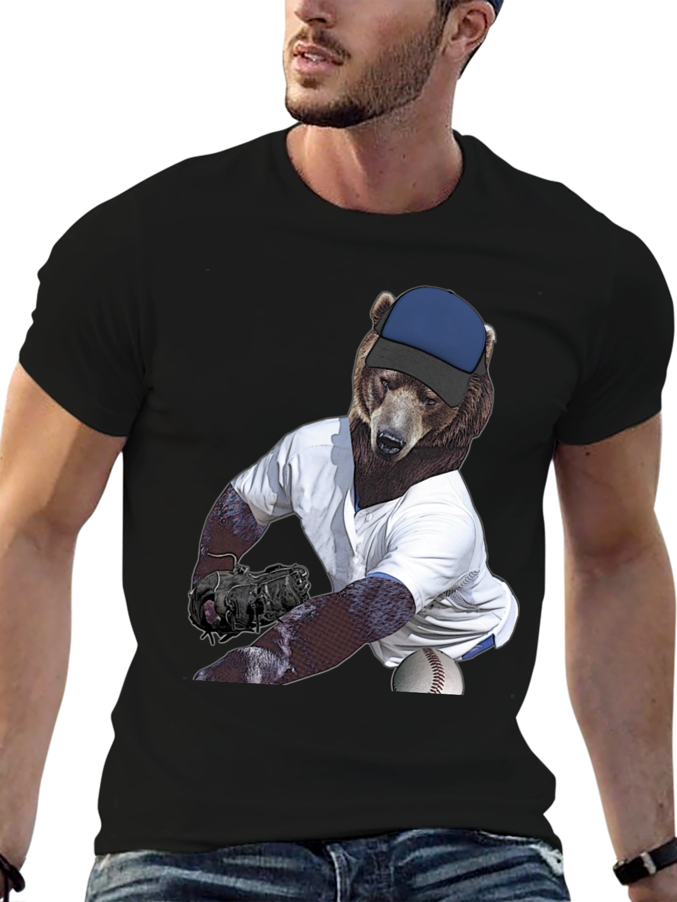 Bear Pitcher Graphic Tee - Black