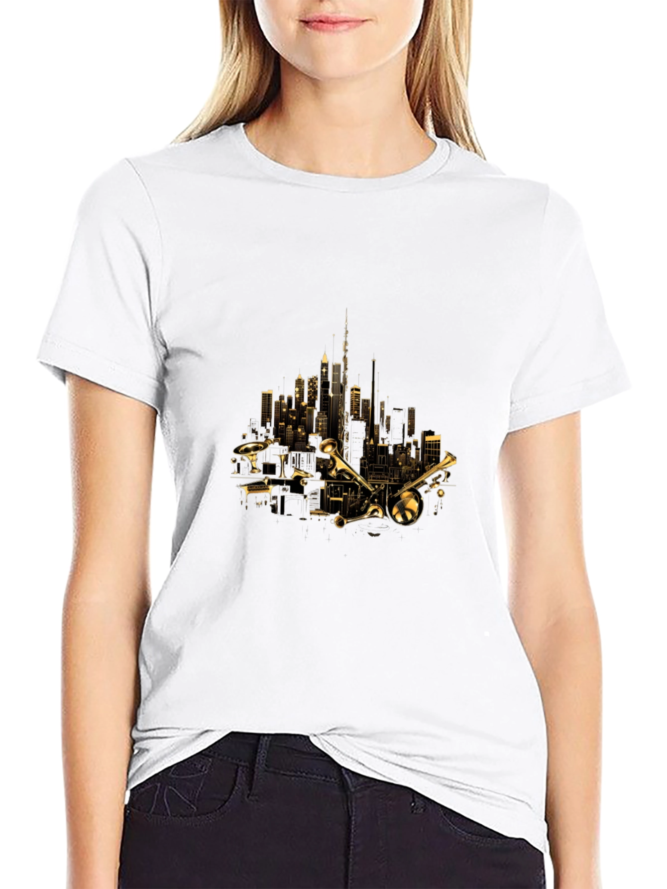 Cityscape Trumpet Graphic Tee - Black