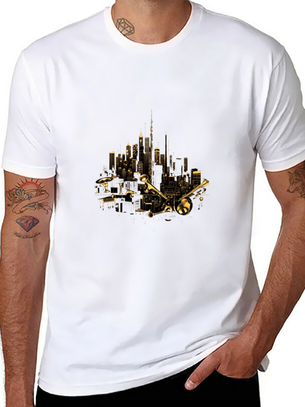 Cityscape Trumpet Graphic Tee - Black