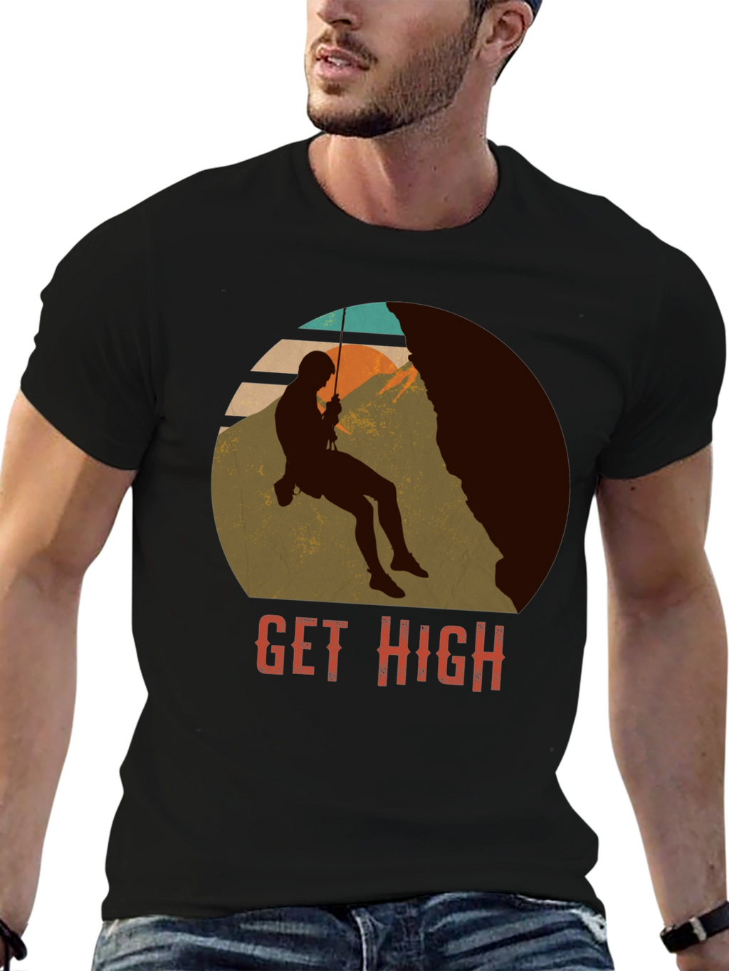 Get High Rock Climbing Black T-Shirt