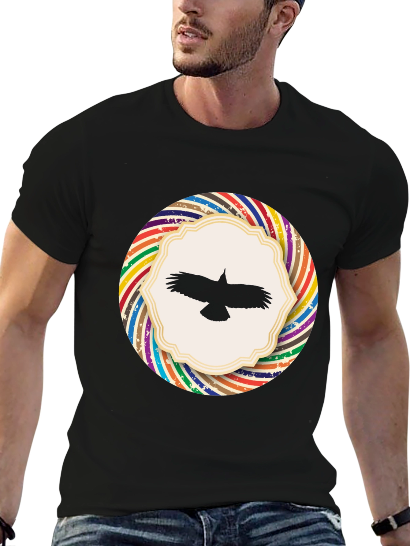 Stylish Black T-Shirt with Bird Graphic Design