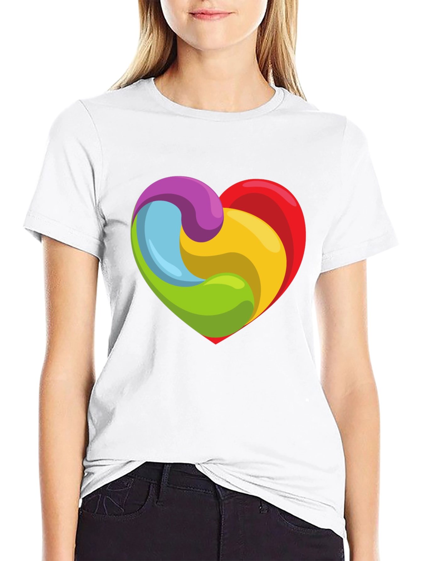 Rainbow Heart Swirl Graphic Black T-Shirt