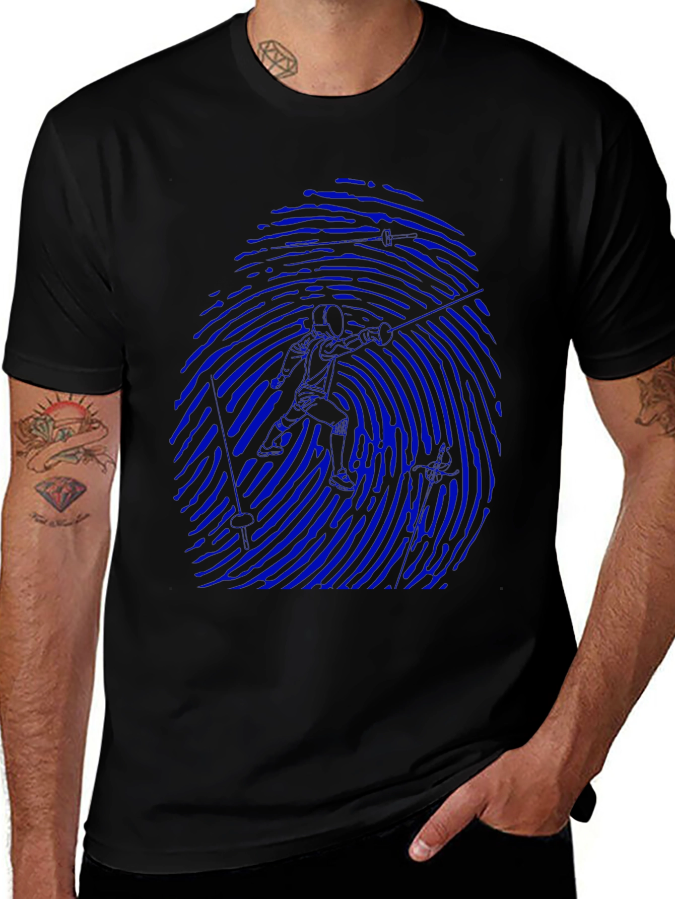 Blue Fingerprint Silhouette Graphic Black T-Shirt
