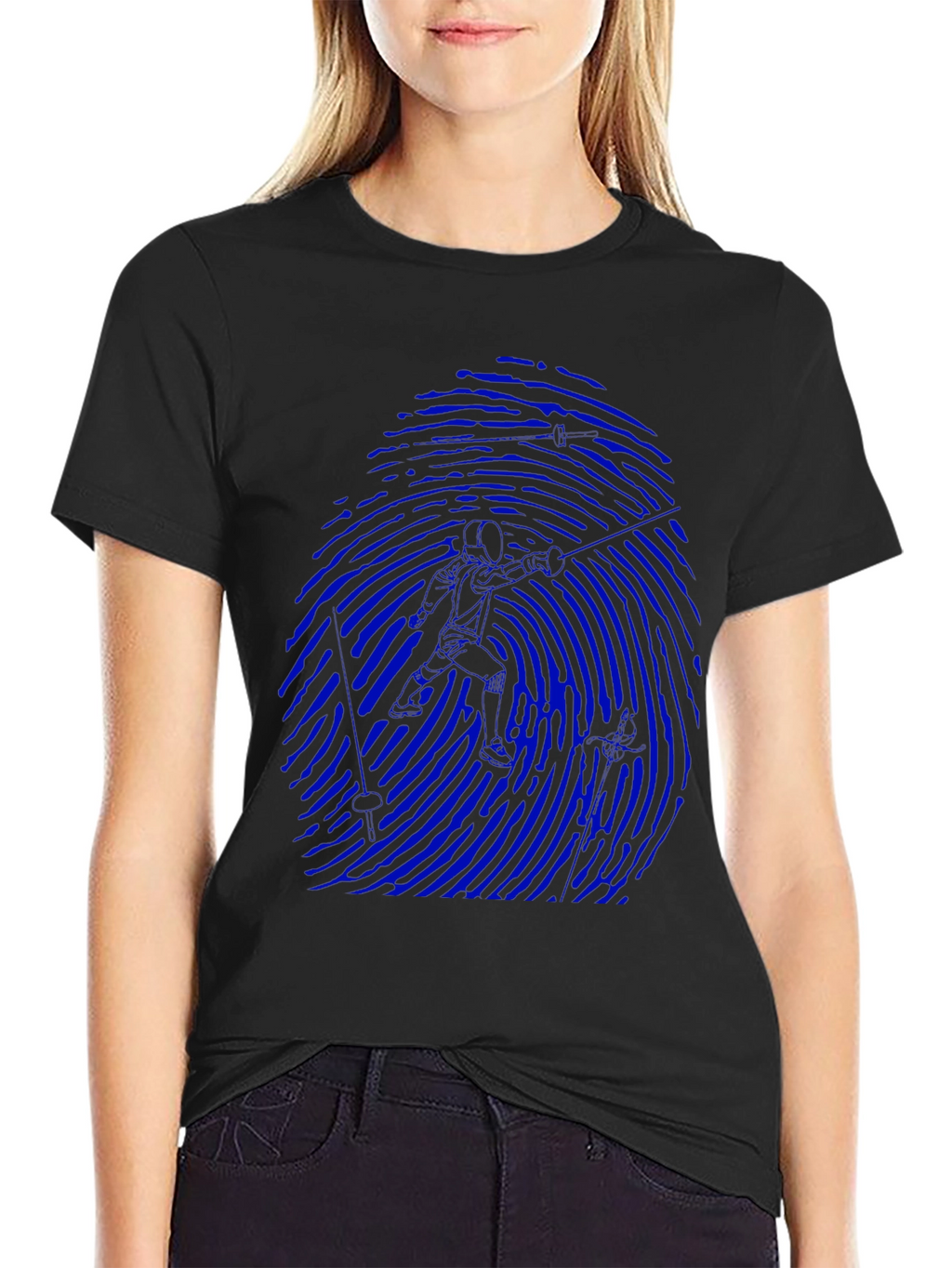 Blue Fingerprint Silhouette Graphic Black T-Shirt