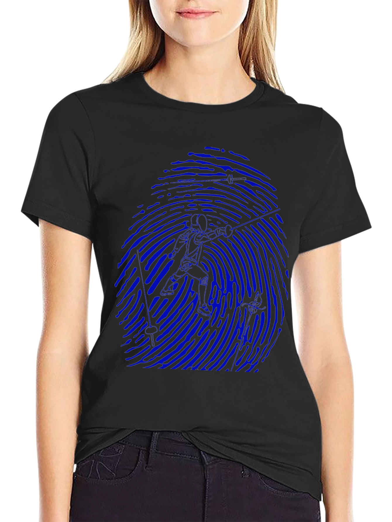 Blue Fingerprint Silhouette Graphic Black T-Shirt