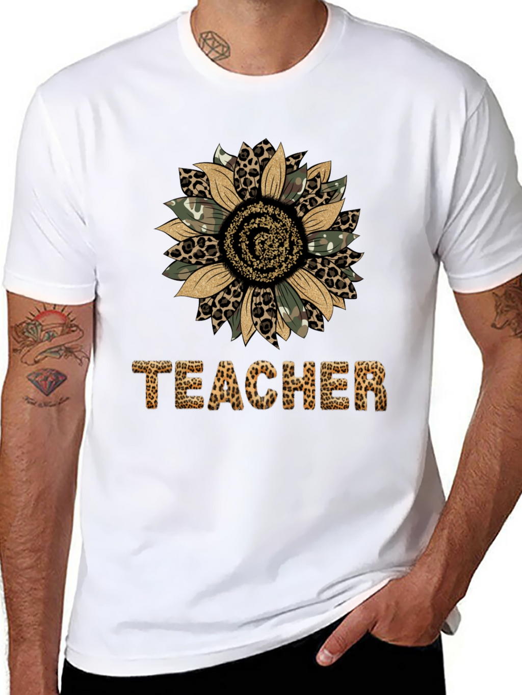 Leopard Print Sunflower Teacher T-Shirt