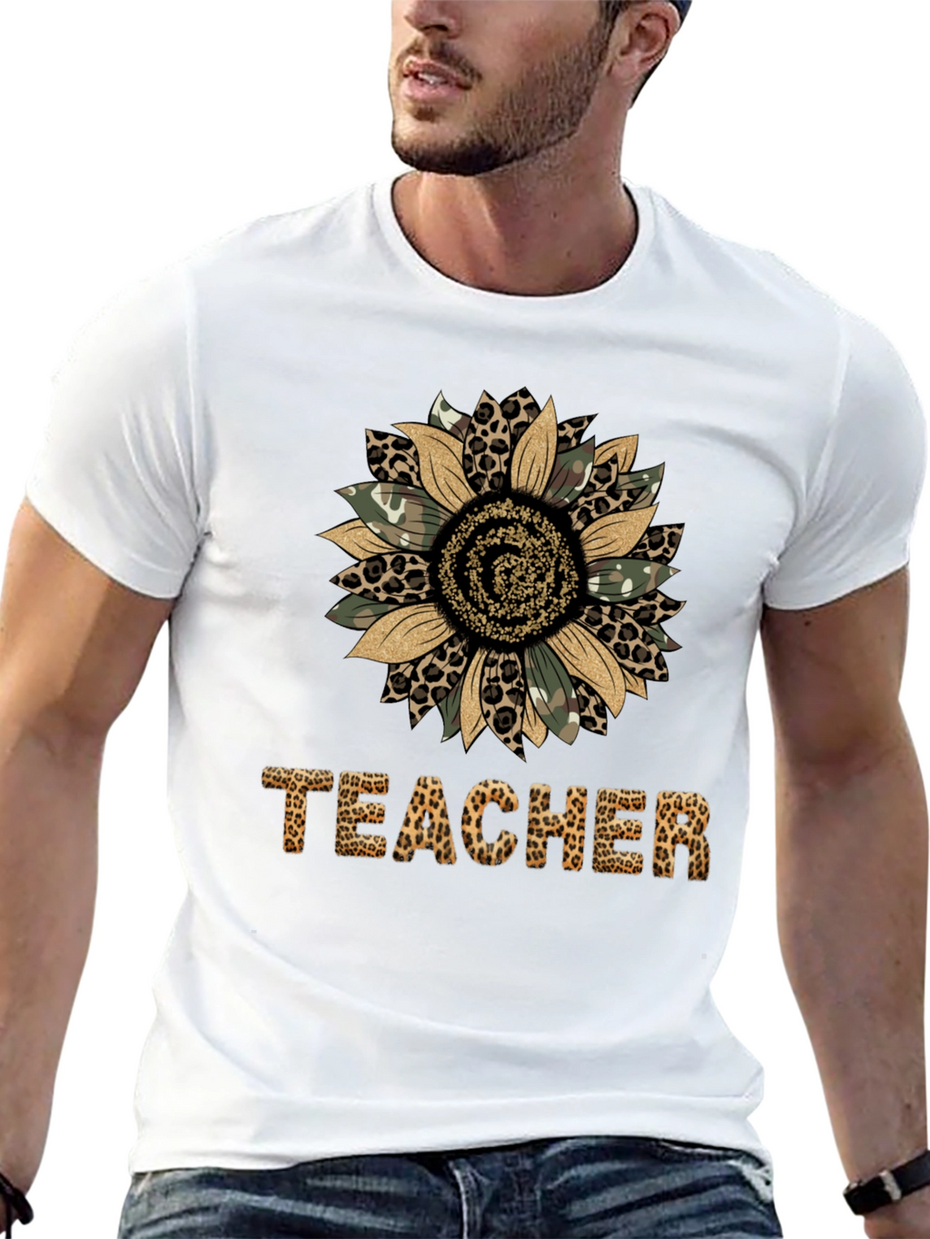 Leopard Print Sunflower Teacher T-Shirt
