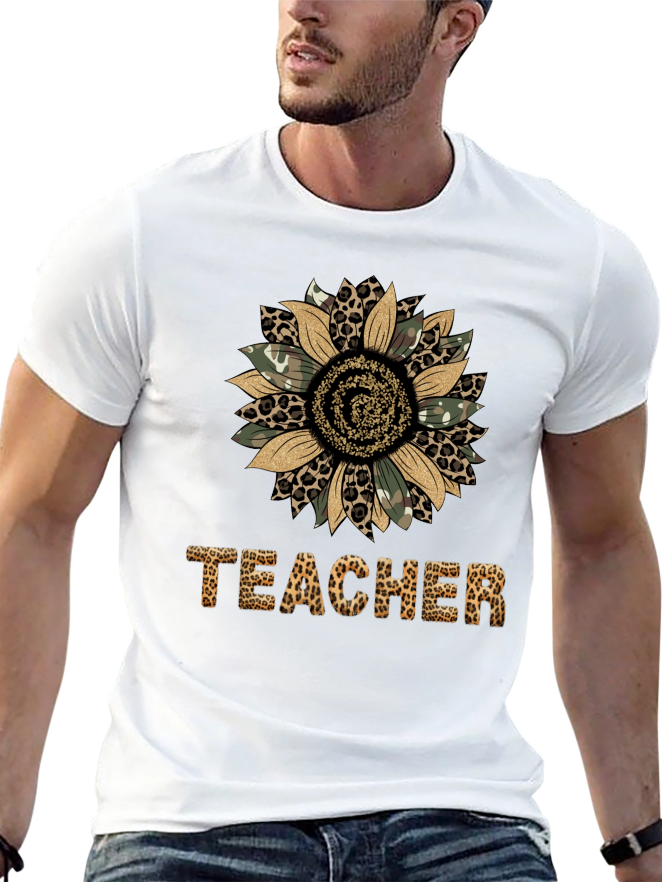 Leopard Print Sunflower Teacher T-Shirt