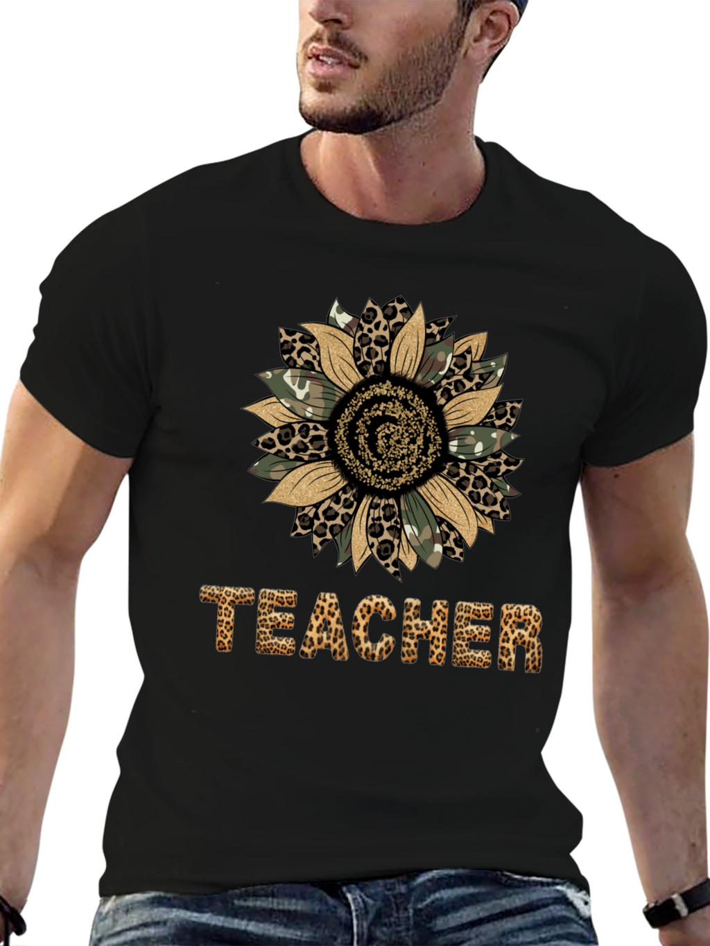 Leopard Print Sunflower Teacher T-Shirt