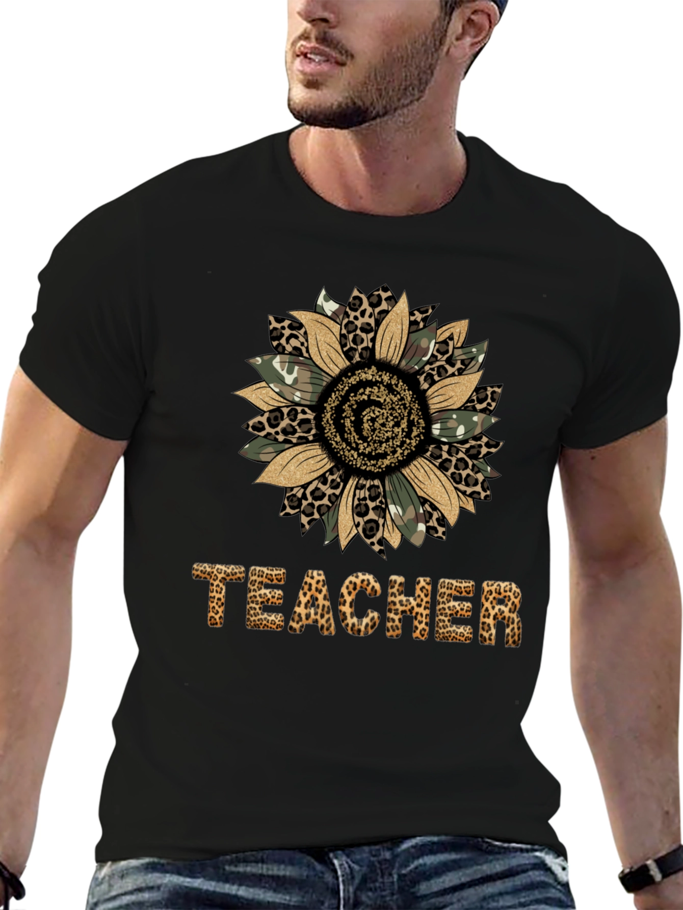 Leopard Print Sunflower Teacher T-Shirt