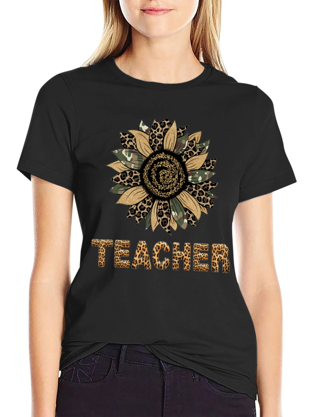 Leopard Print Sunflower Teacher T-Shirt