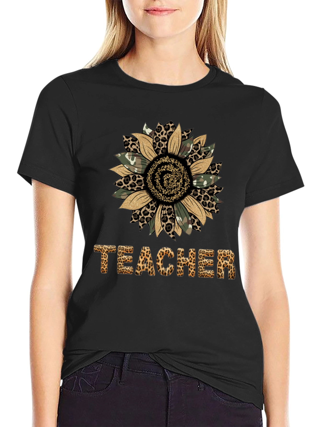 Leopard Print Sunflower Teacher T-Shirt