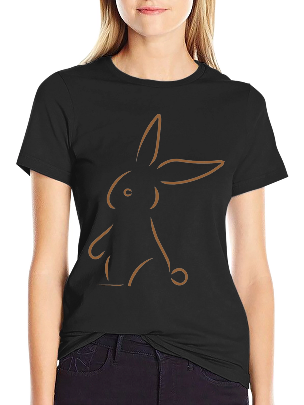 Minimalist Bunny Outline Graphic Tee - Black