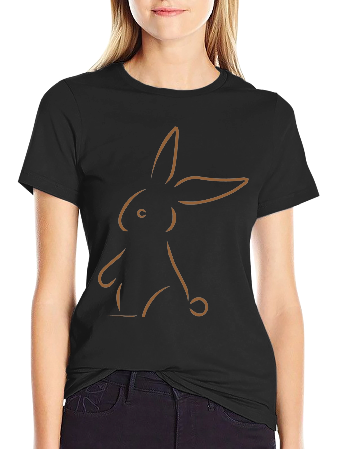 Minimalist Bunny Outline Graphic Tee - Black
