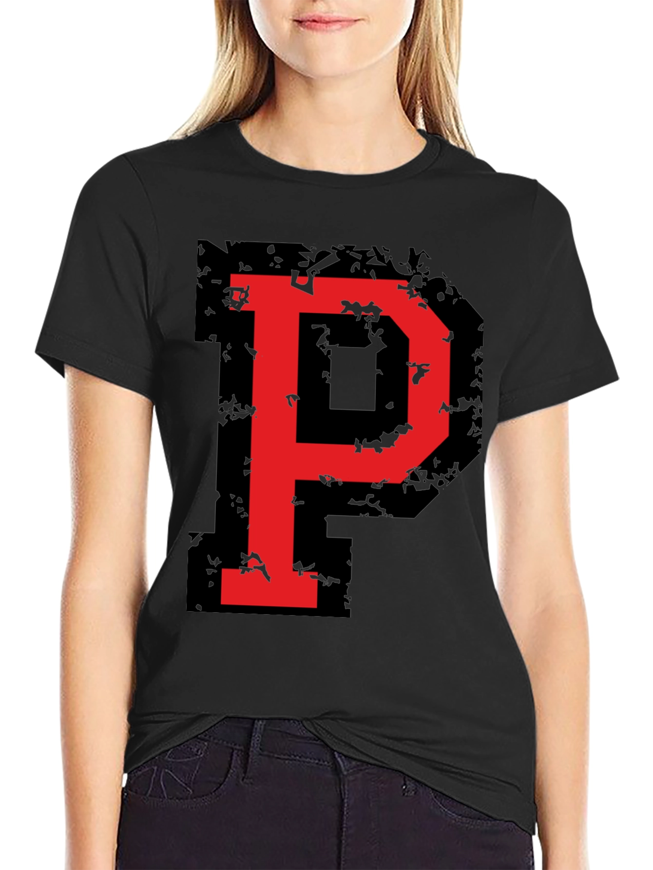 Bold Red P Graphic Black T-Shirt