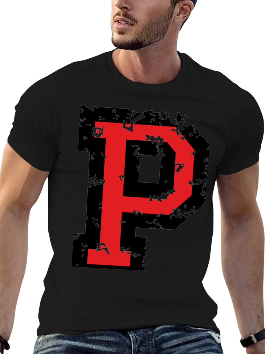 Bold Red P Graphic Black T-Shirt