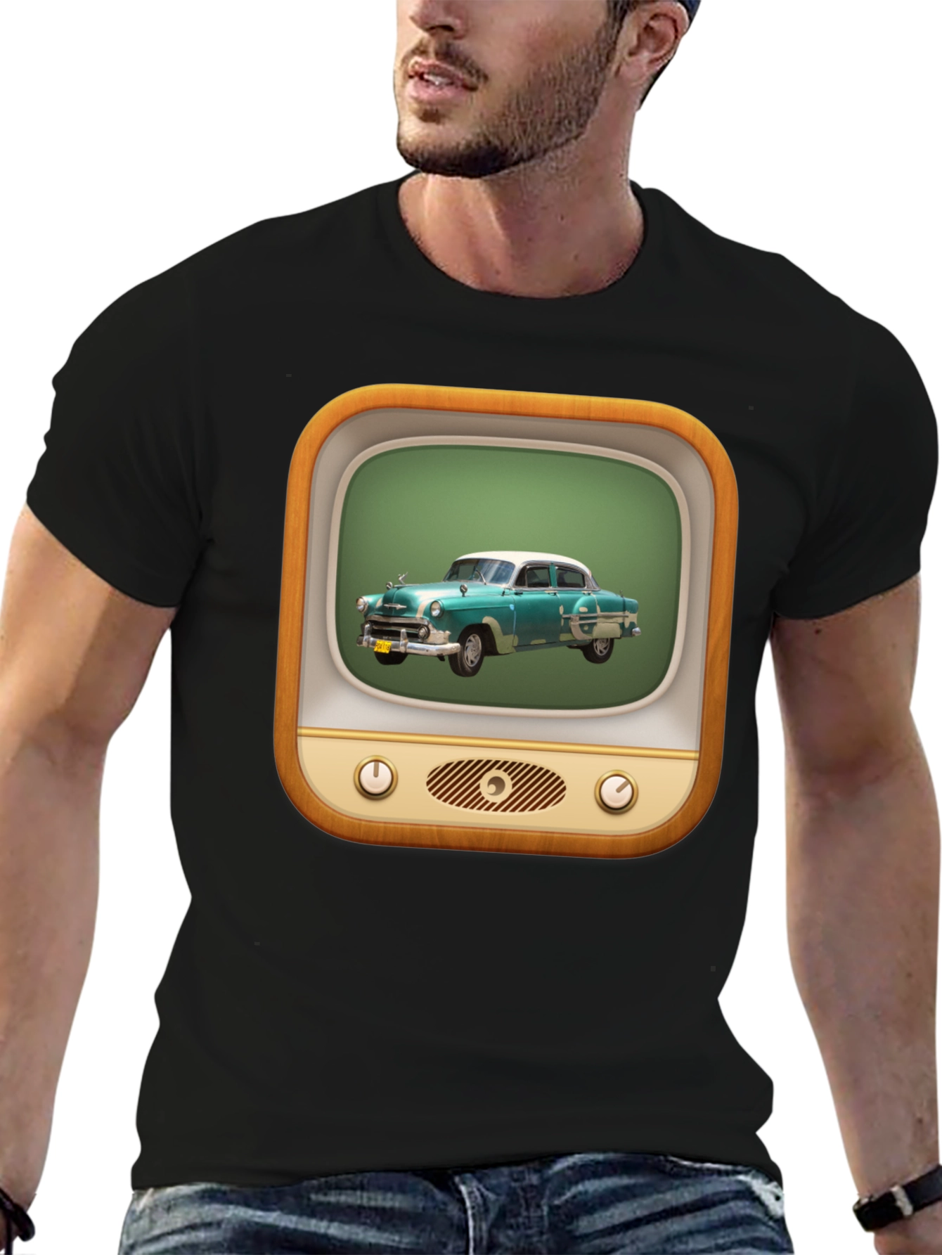 Retro Car TV Graphic Black T-Shirt