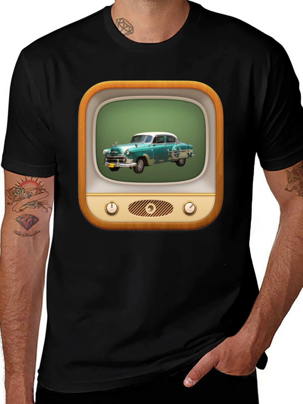 Retro Car TV Graphic Black T-Shirt