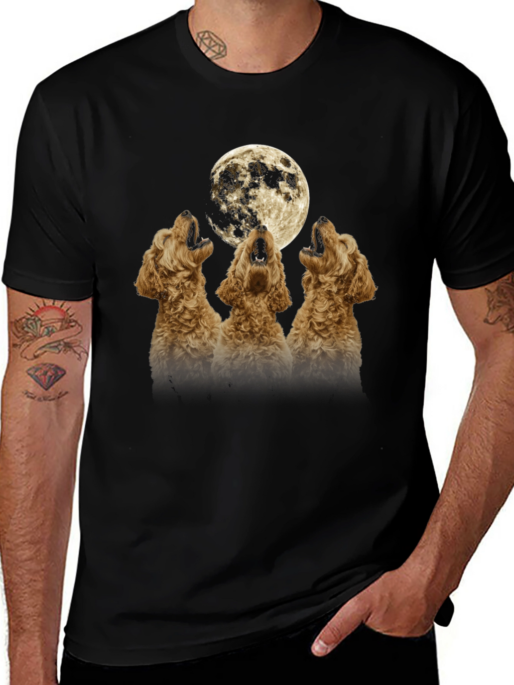 Howling Dogs Moon Graphic T-Shirt - Black