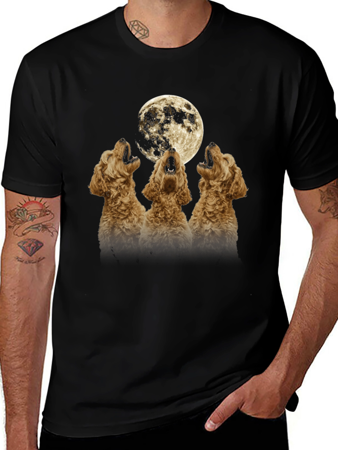 Howling Dogs Moon Graphic T-Shirt - Black
