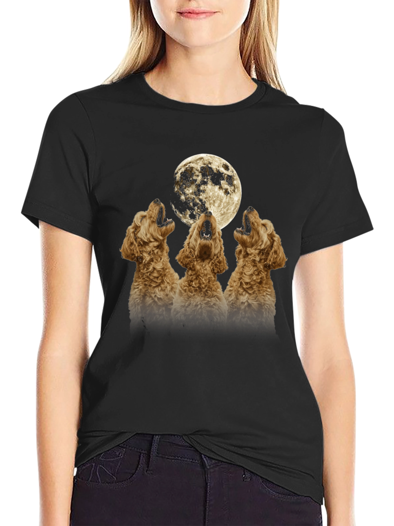 Howling Dogs Moon Graphic T-Shirt - Black