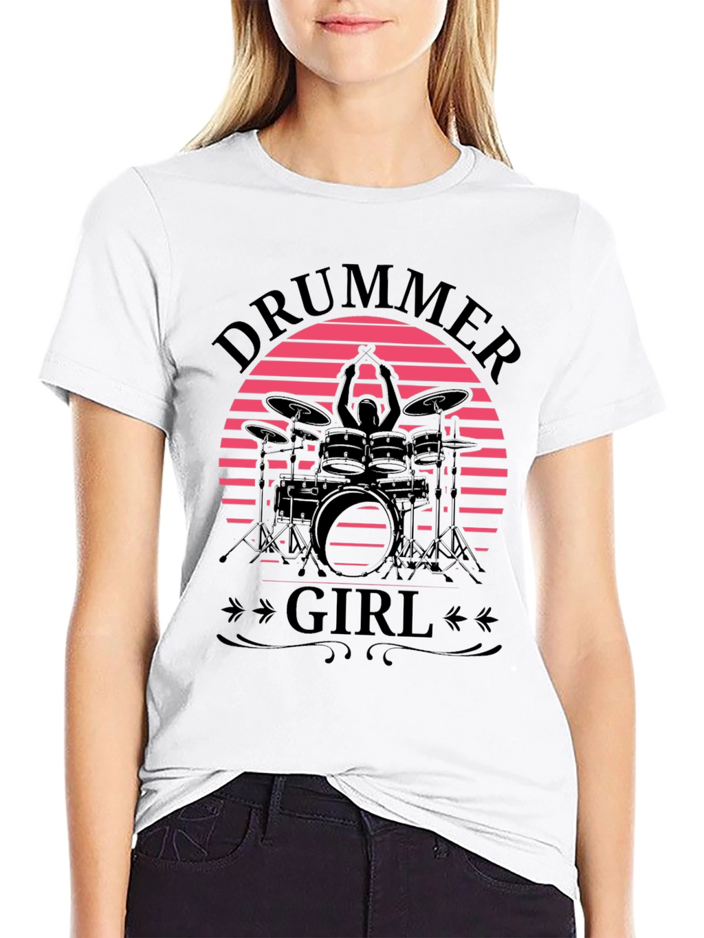 Drummer Girl Graphic Tee - Retro Sunset Design