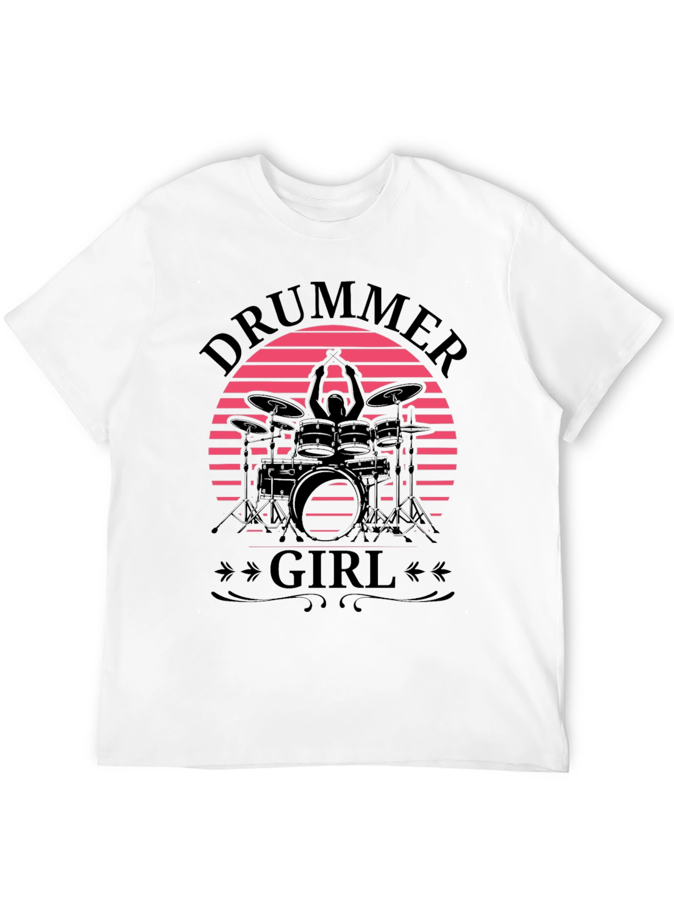 Drummer Girl Graphic Tee - Retro Sunset Design