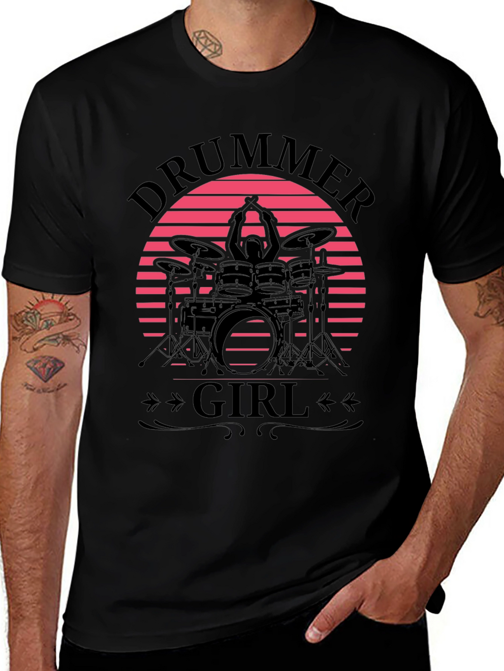 Drummer Girl Graphic Tee - Retro Sunset Design