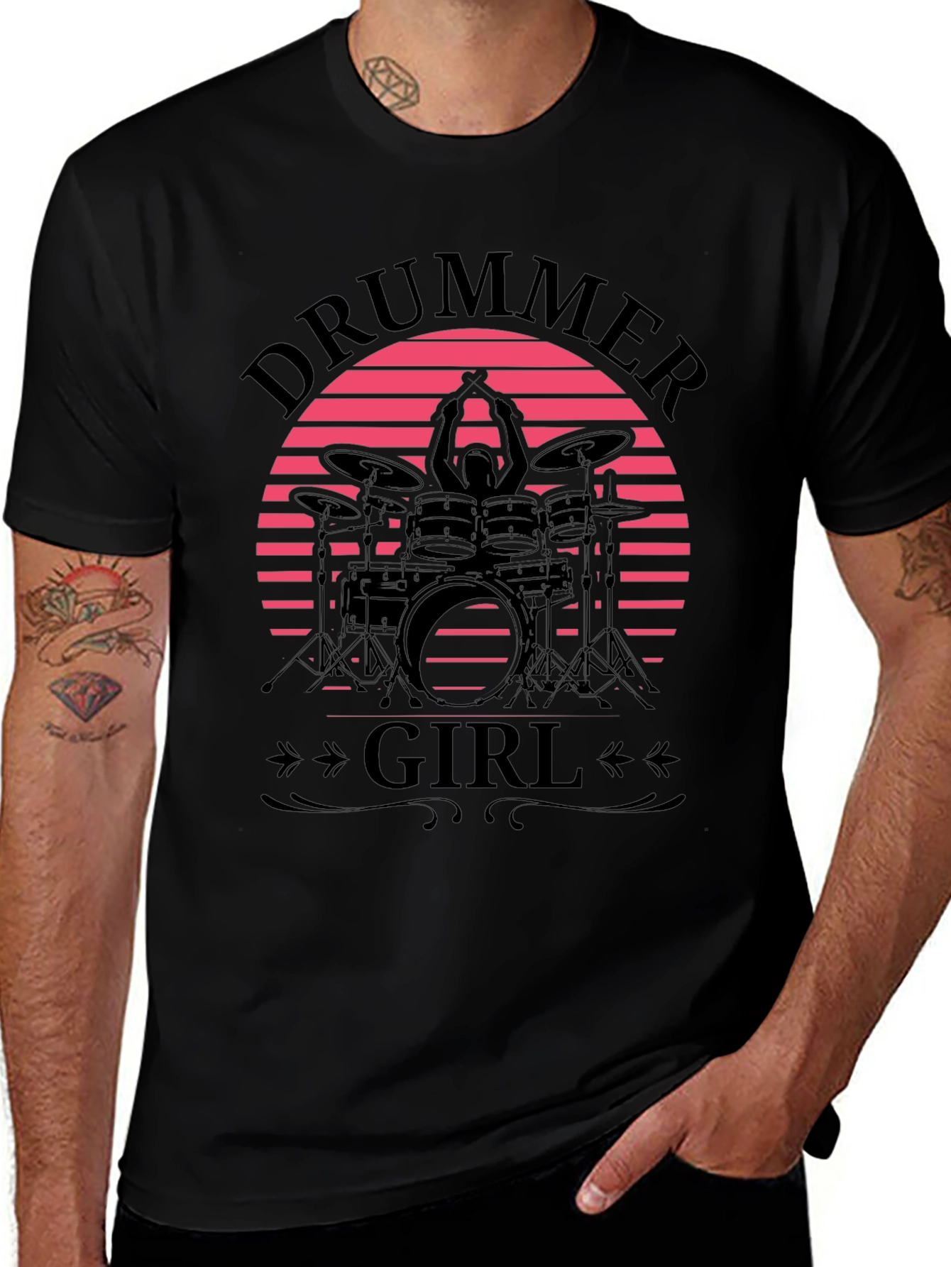 Drummer Girl Graphic Tee - Retro Sunset Design