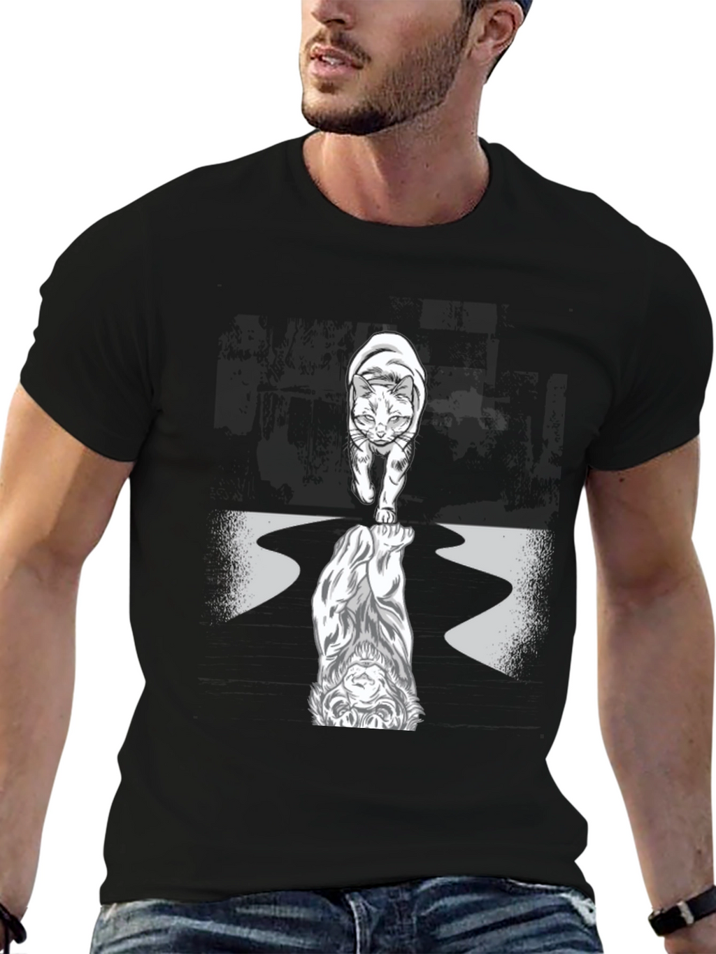 Cat Lion Reflection Graphic Tee - Black