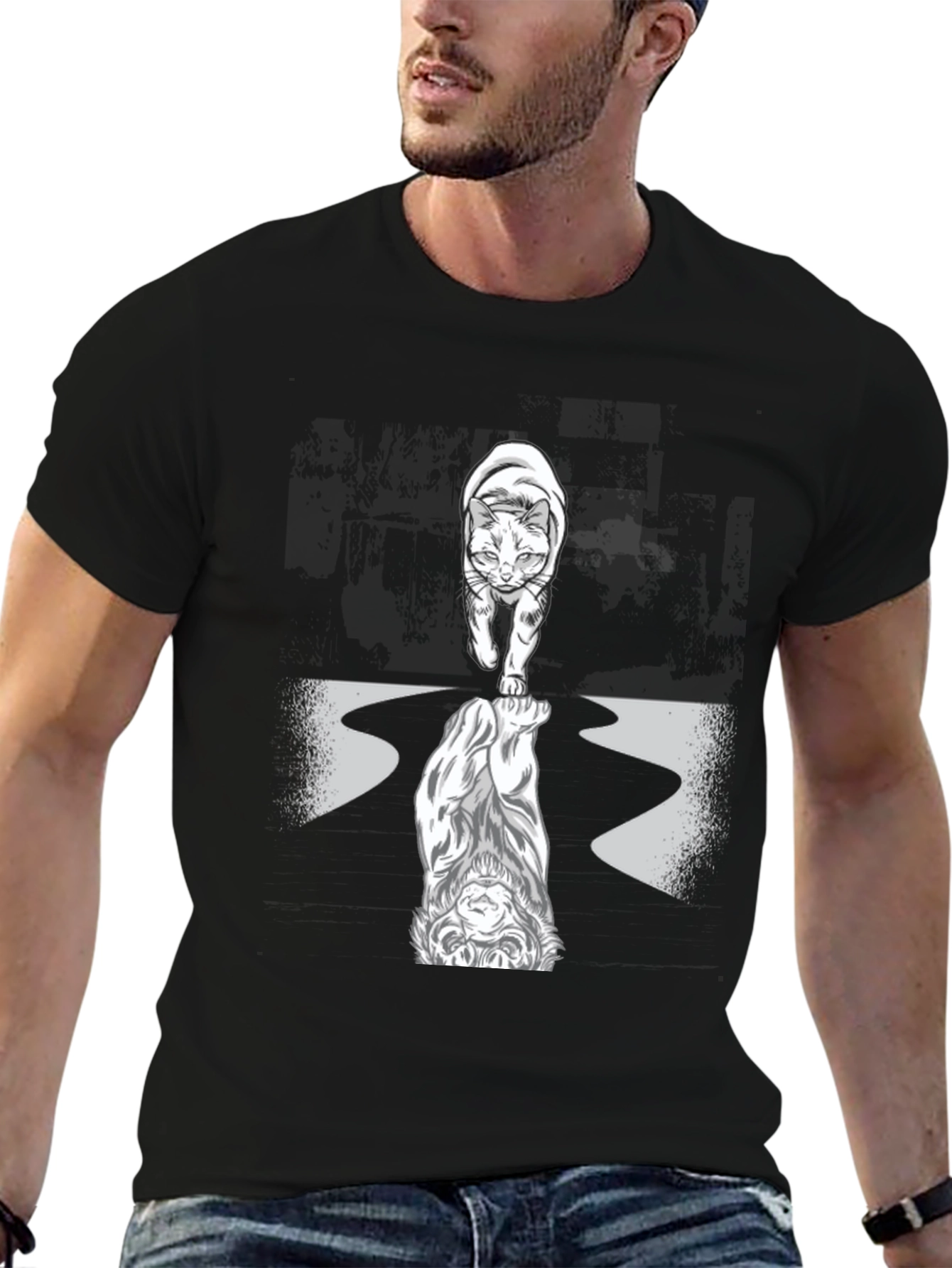 Cat Lion Reflection Graphic Tee - Black