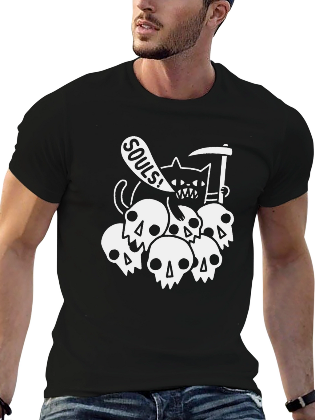 Souls Cat Graphic T-Shirt - Black Cotton Tee