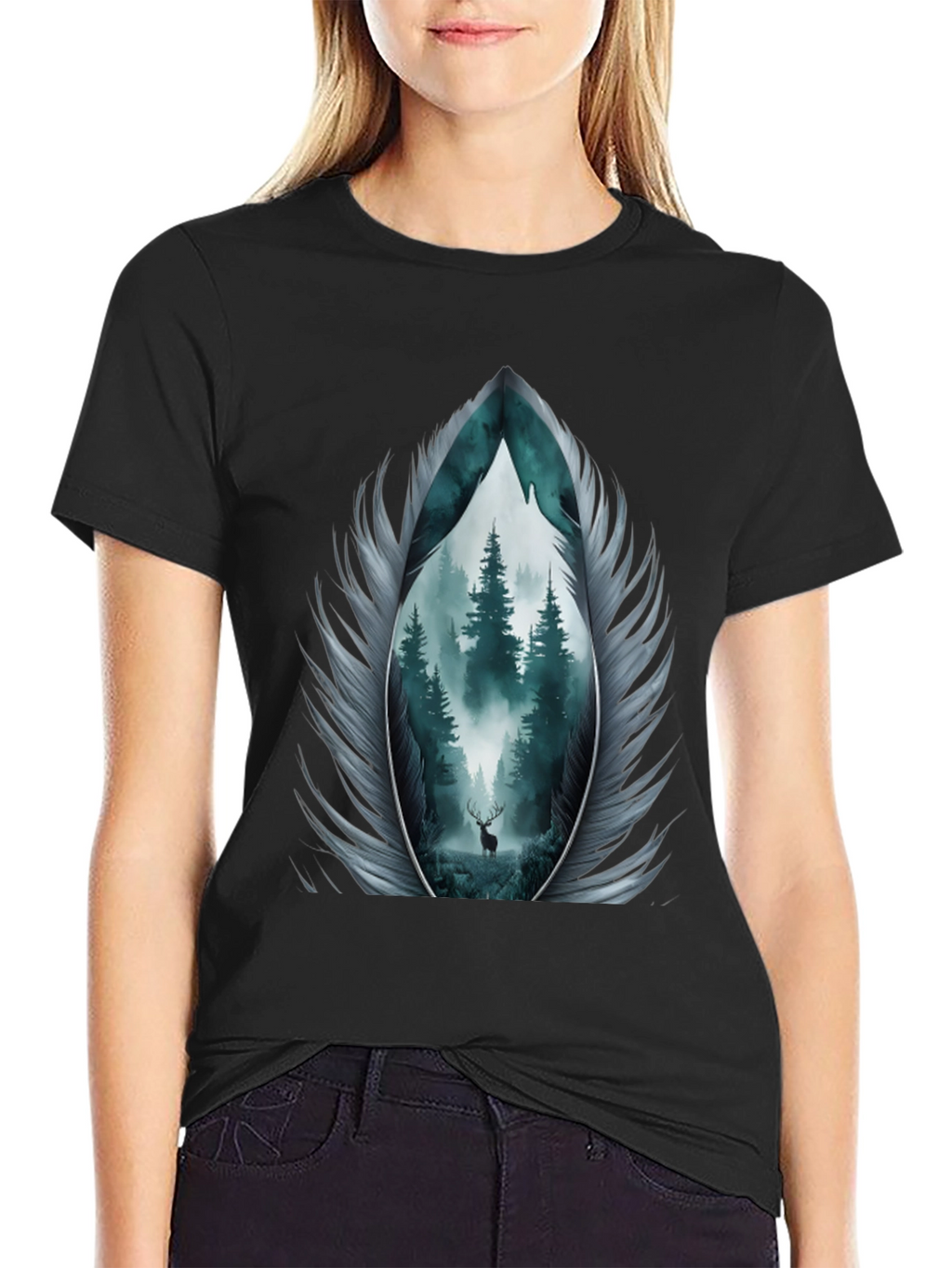 Nature Feather Graphic Tee - Mens Black T-Shirt
