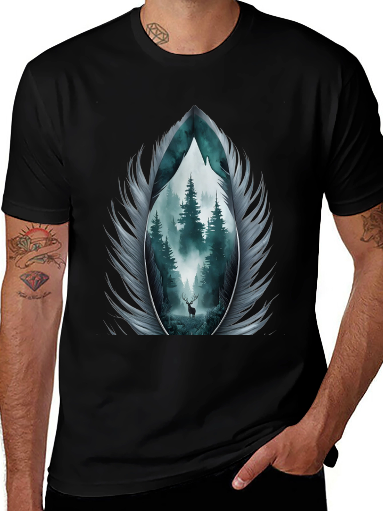 Nature Feather Graphic Tee - Mens Black T-Shirt