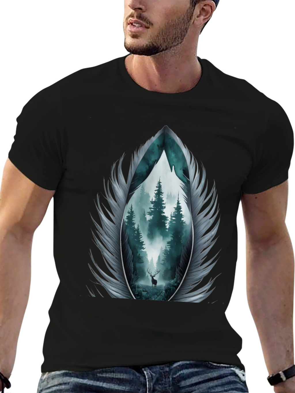 Nature Feather Graphic Tee - Mens Black T-Shirt