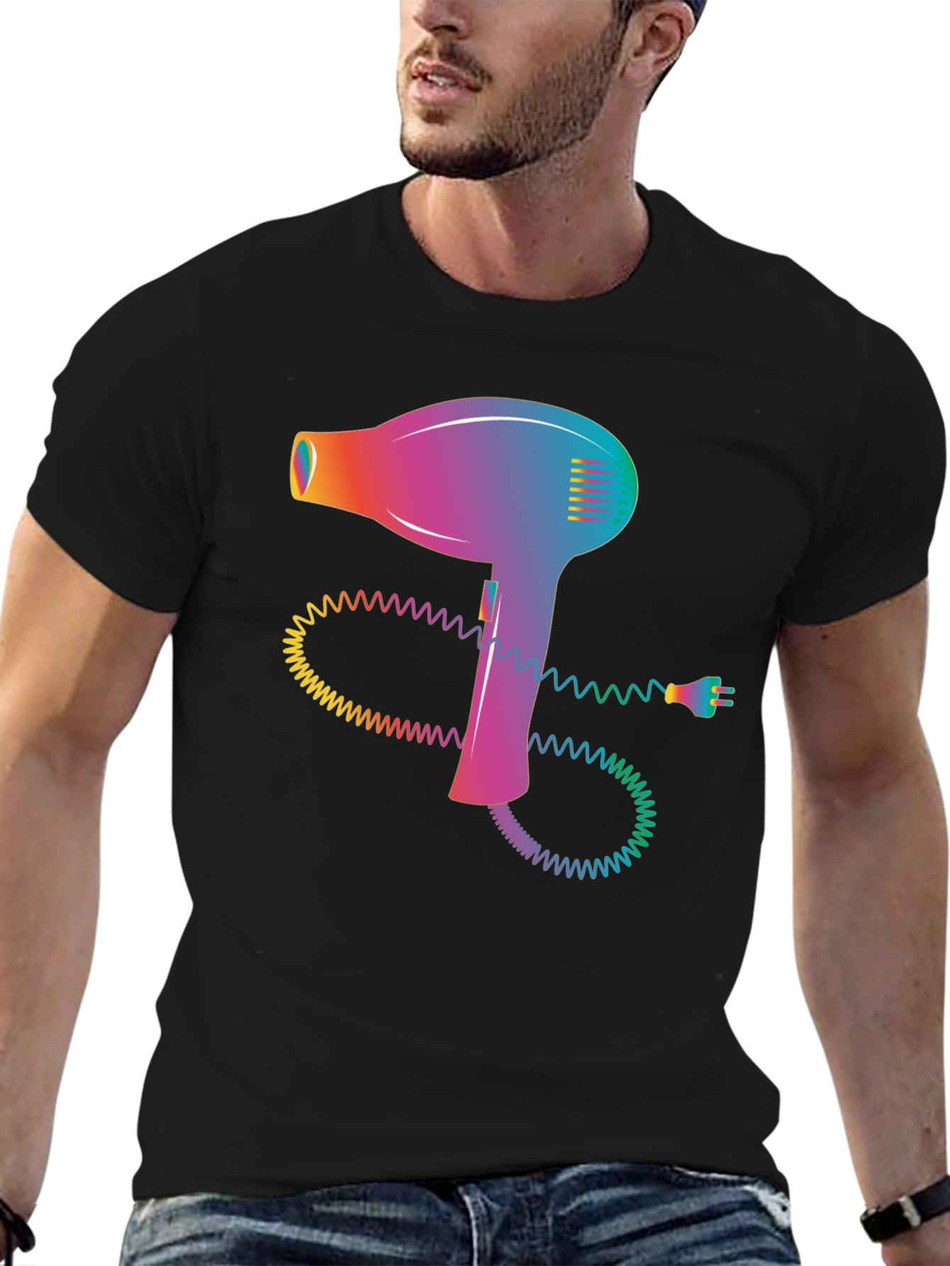 Retro Hair Dryer Graphic Tee - Stylish Black T-Shirt