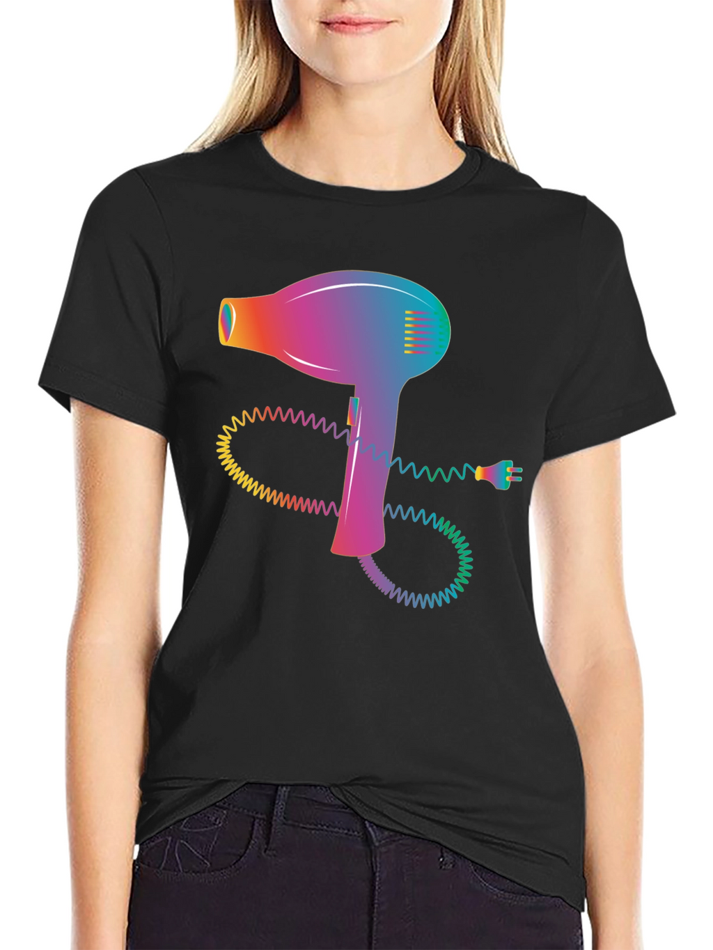 Retro Hair Dryer Graphic Tee - Stylish Black T-Shirt