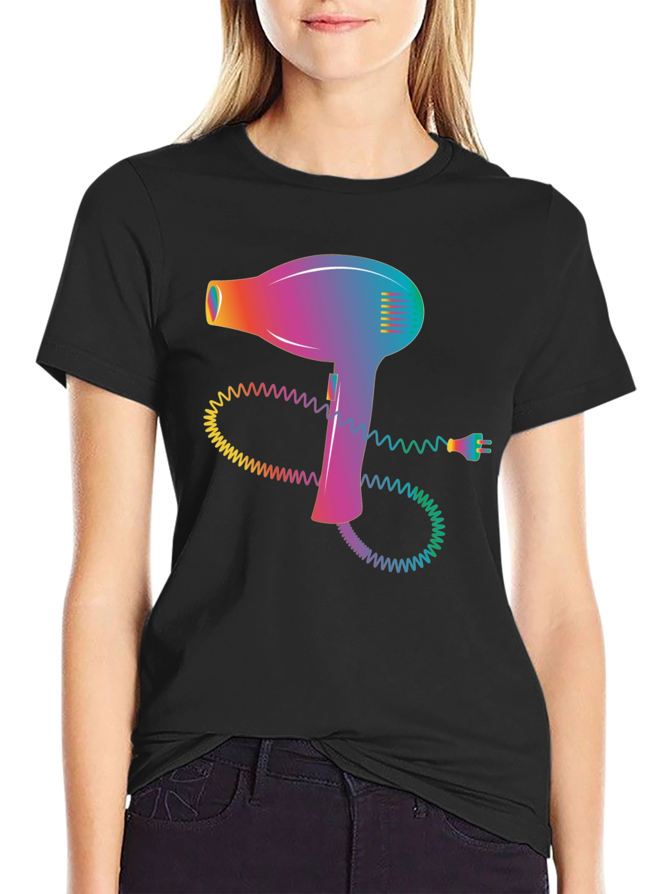 Retro Hair Dryer Graphic Tee - Stylish Black T-Shirt
