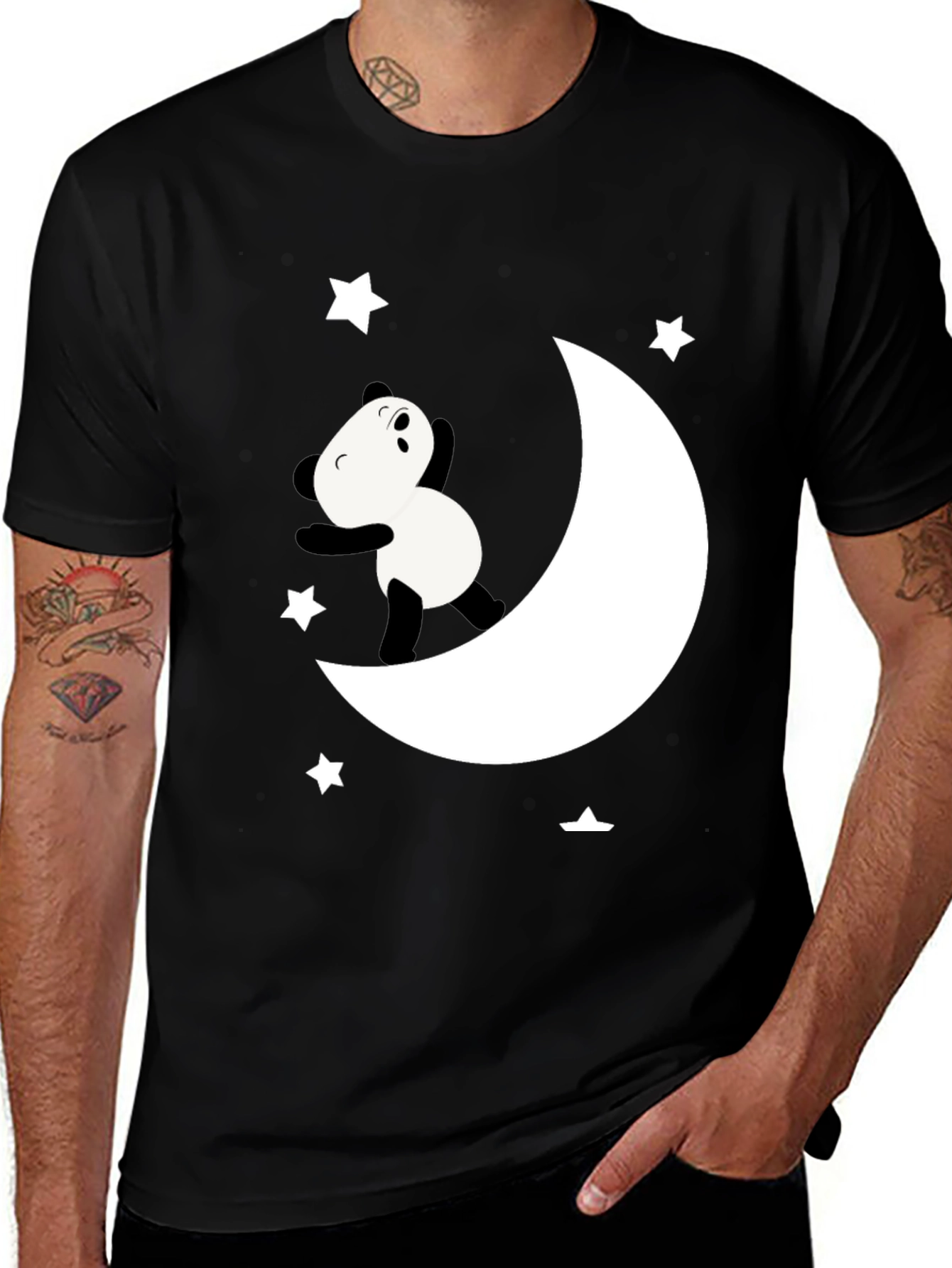 Panda Moon Star Graphic Tee - Soft Black Cotton