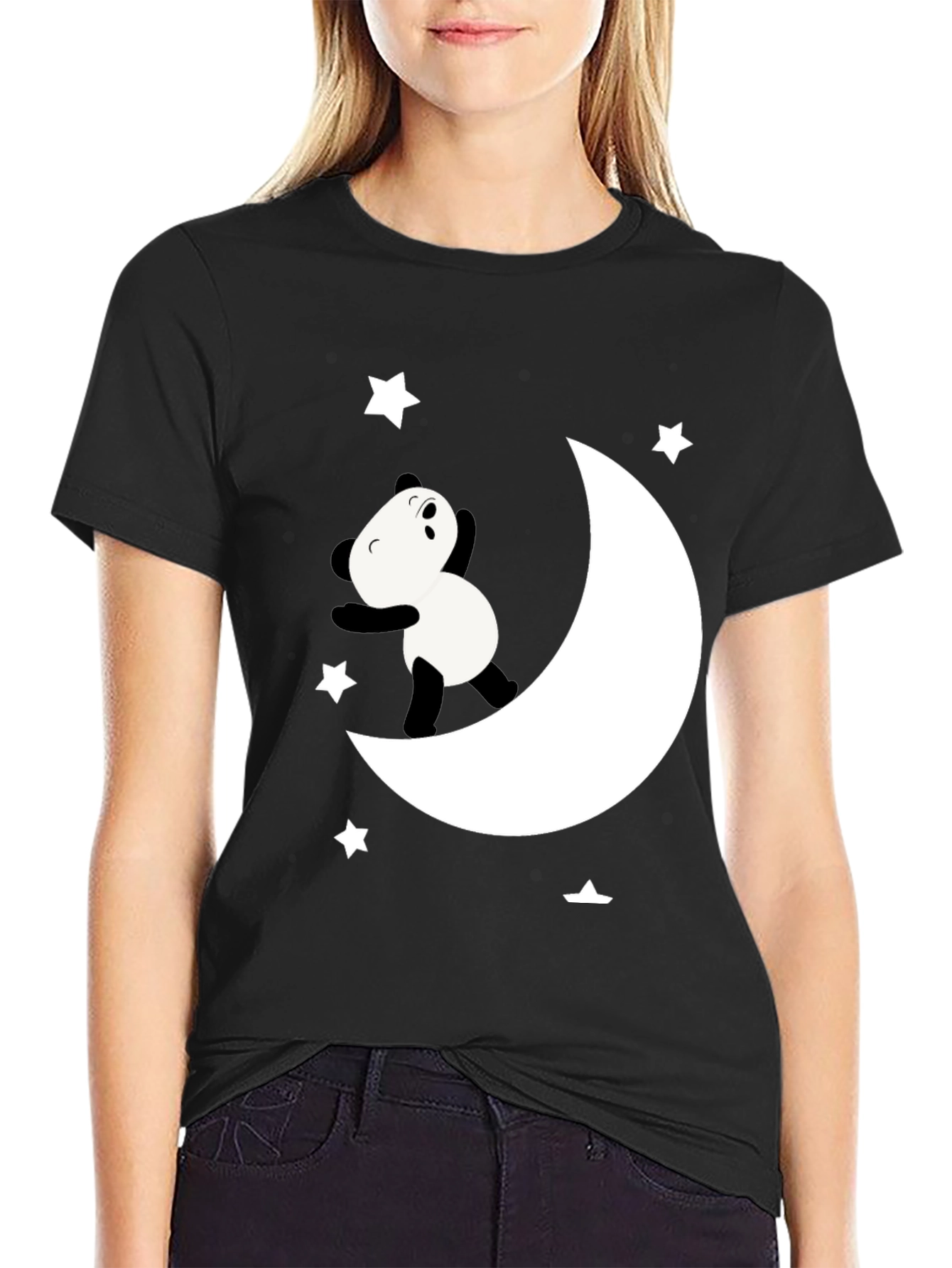 Panda Moon Star Graphic Tee - Soft Black Cotton