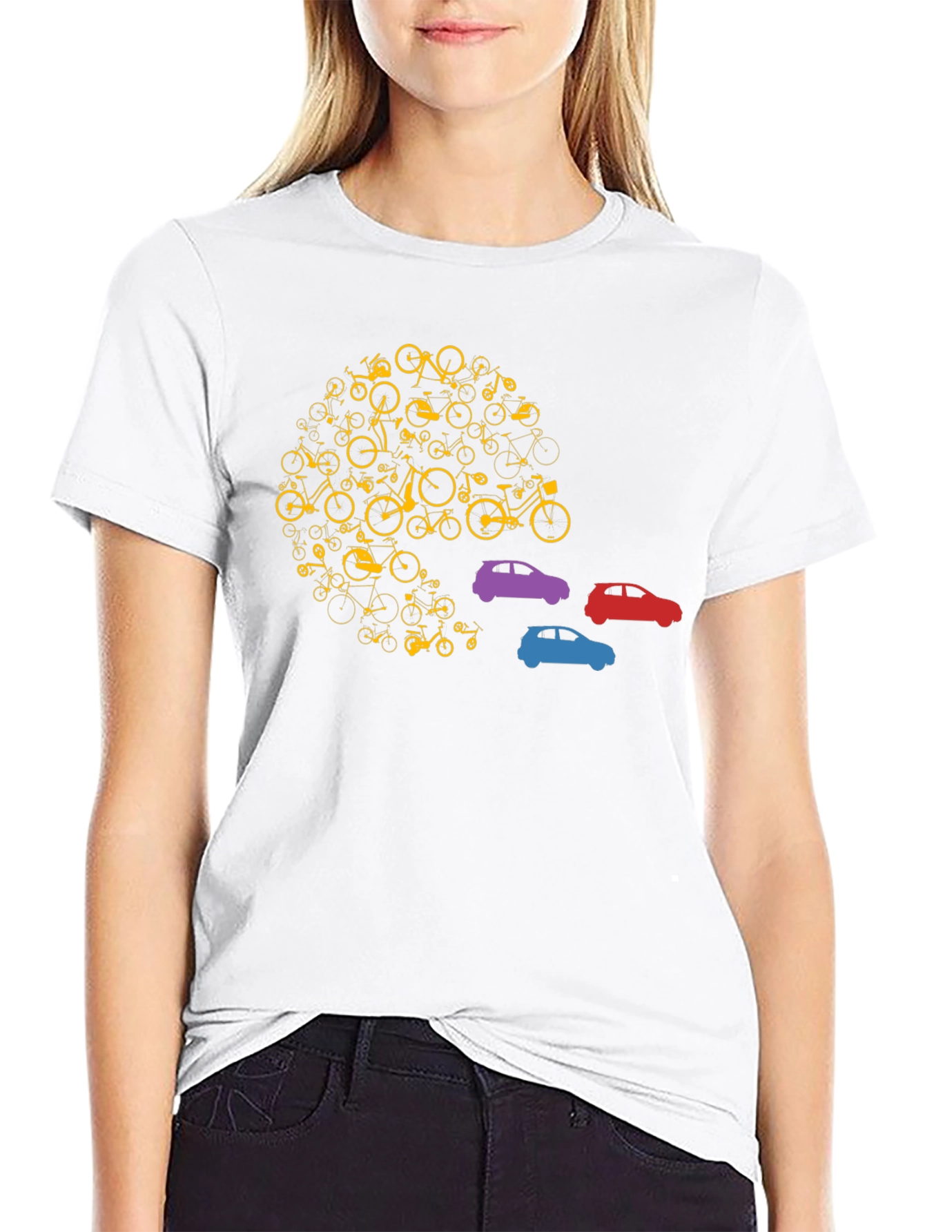 Unique Bicycle and Car Graphic T-Shirt - Black