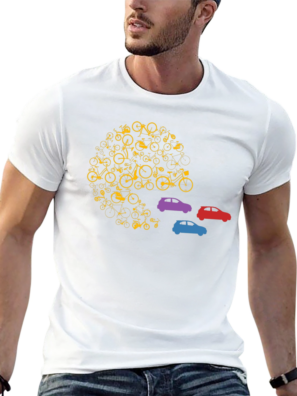 Unique Bicycle and Car Graphic T-Shirt - Black