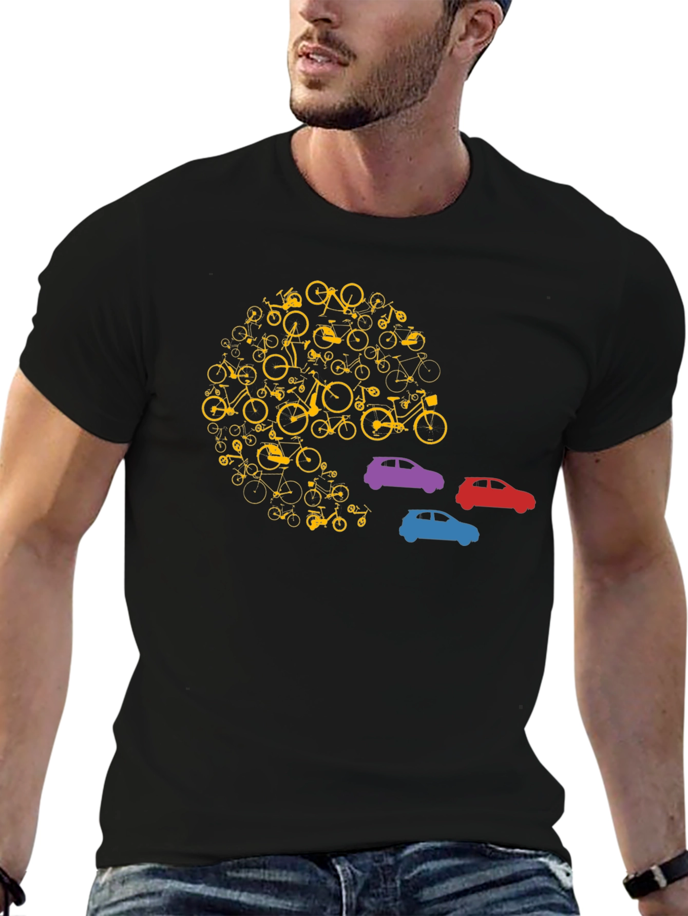 Unique Bicycle and Car Graphic T-Shirt - Black