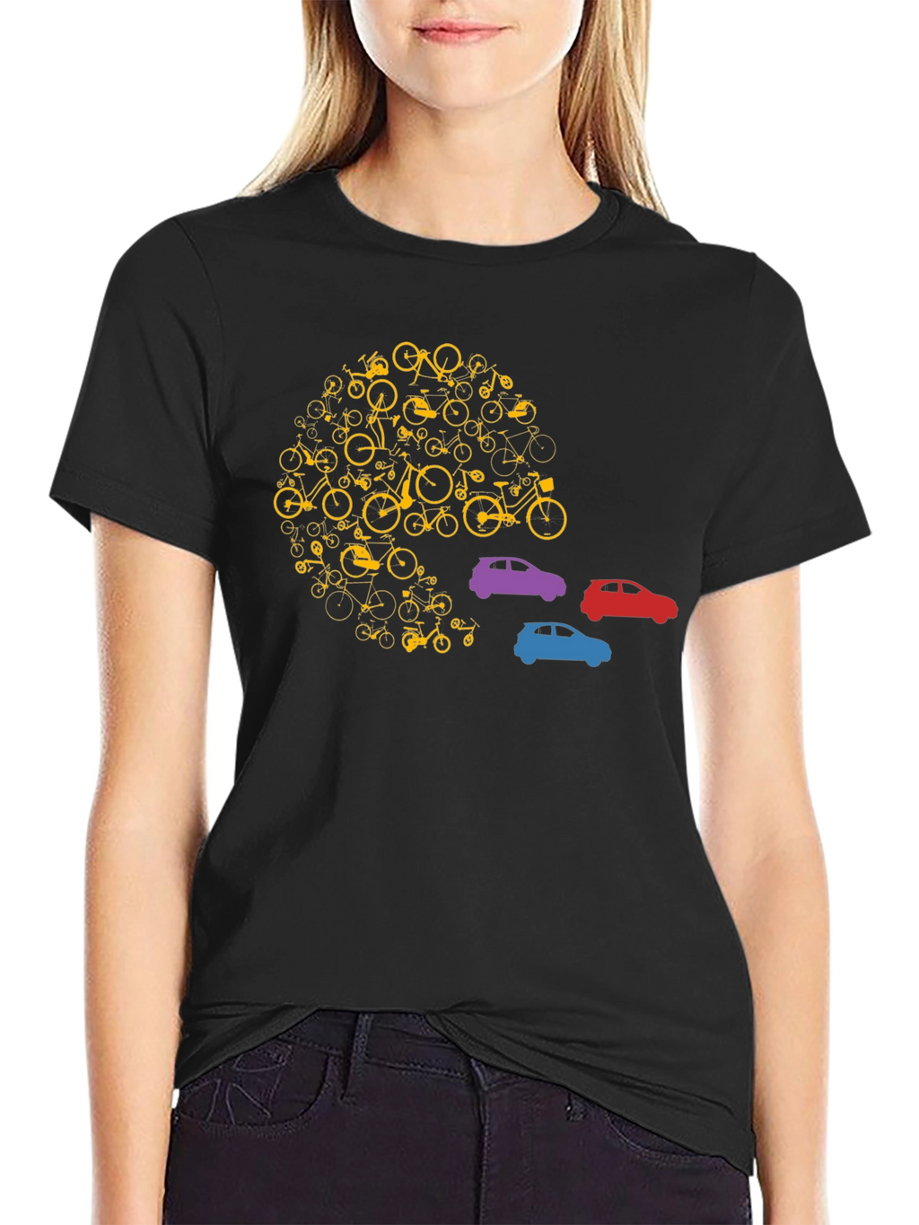 Unique Bicycle and Car Graphic T-Shirt - Black
