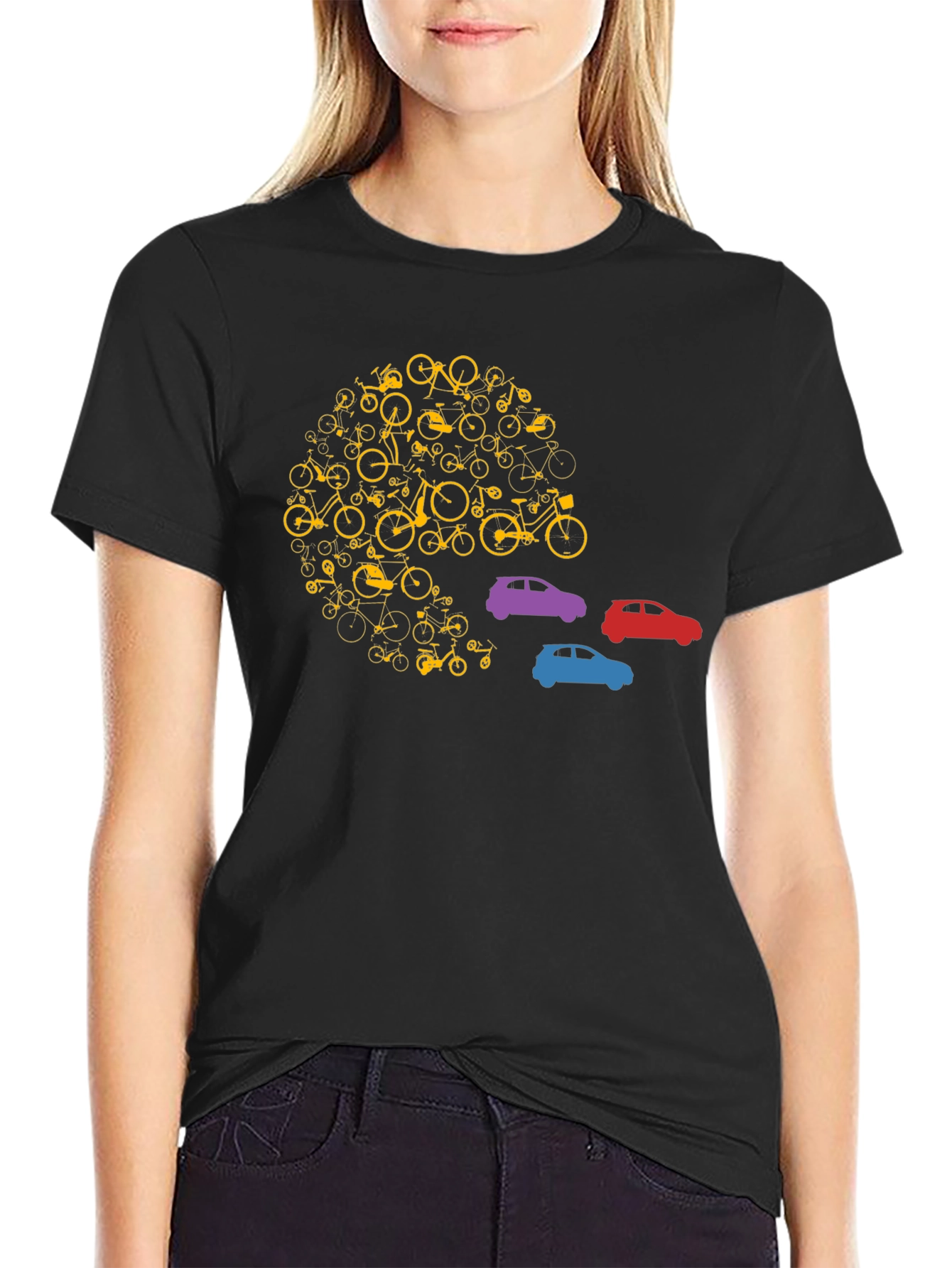 Unique Bicycle and Car Graphic T-Shirt - Black