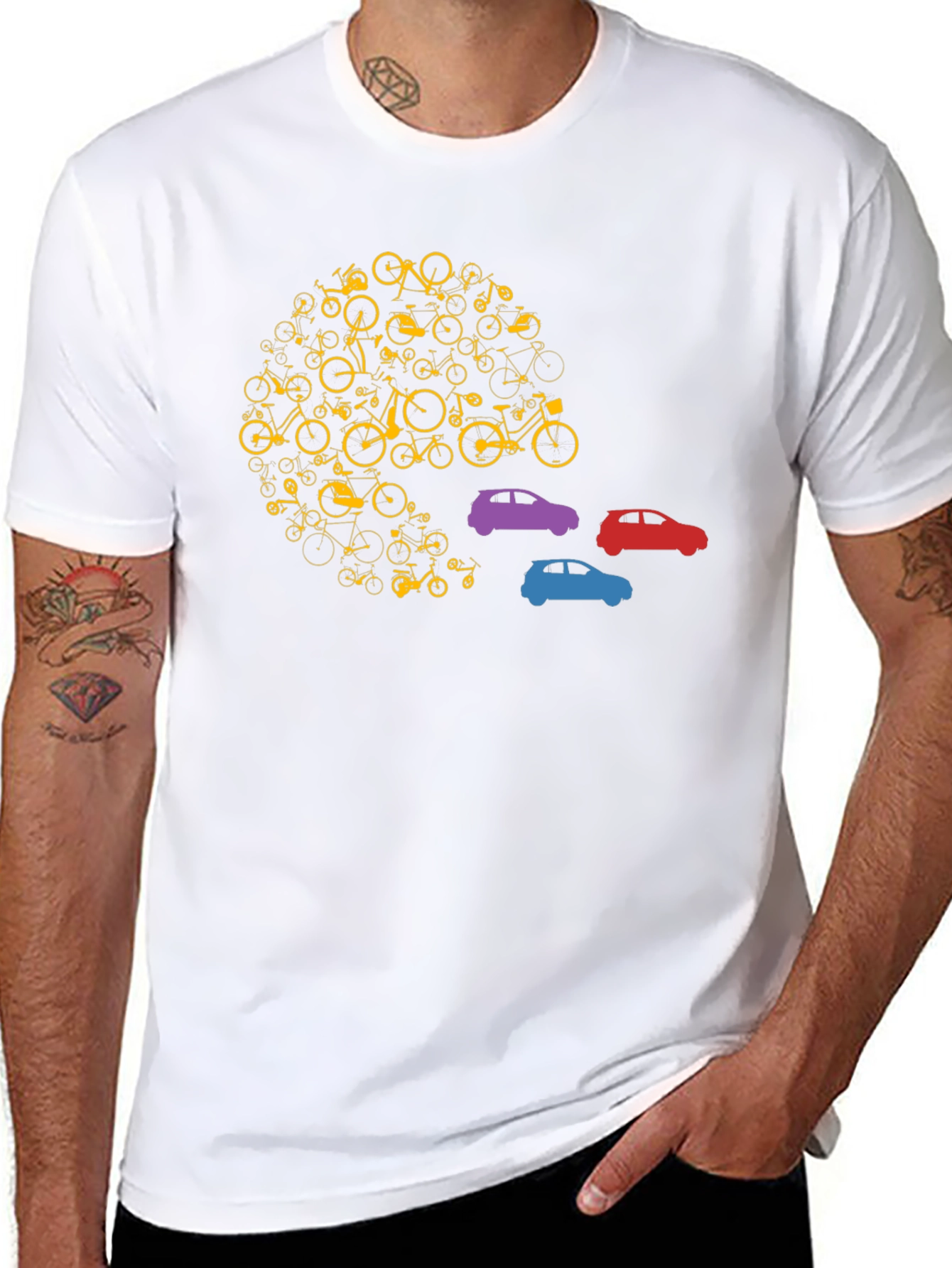 Unique Bicycle and Car Graphic T-Shirt - Black
