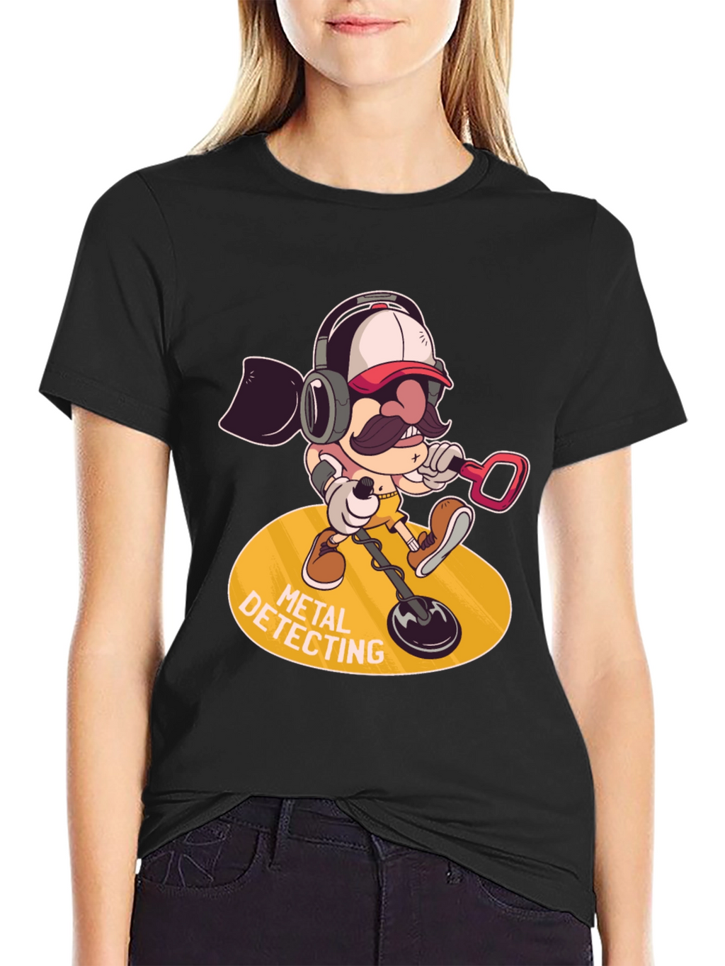 Metal Detecting Cartoon Graphic Tee - Black