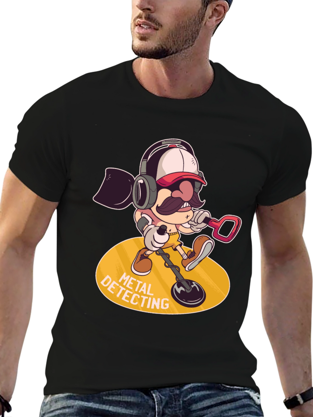 Metal Detecting Cartoon Graphic Tee - Black