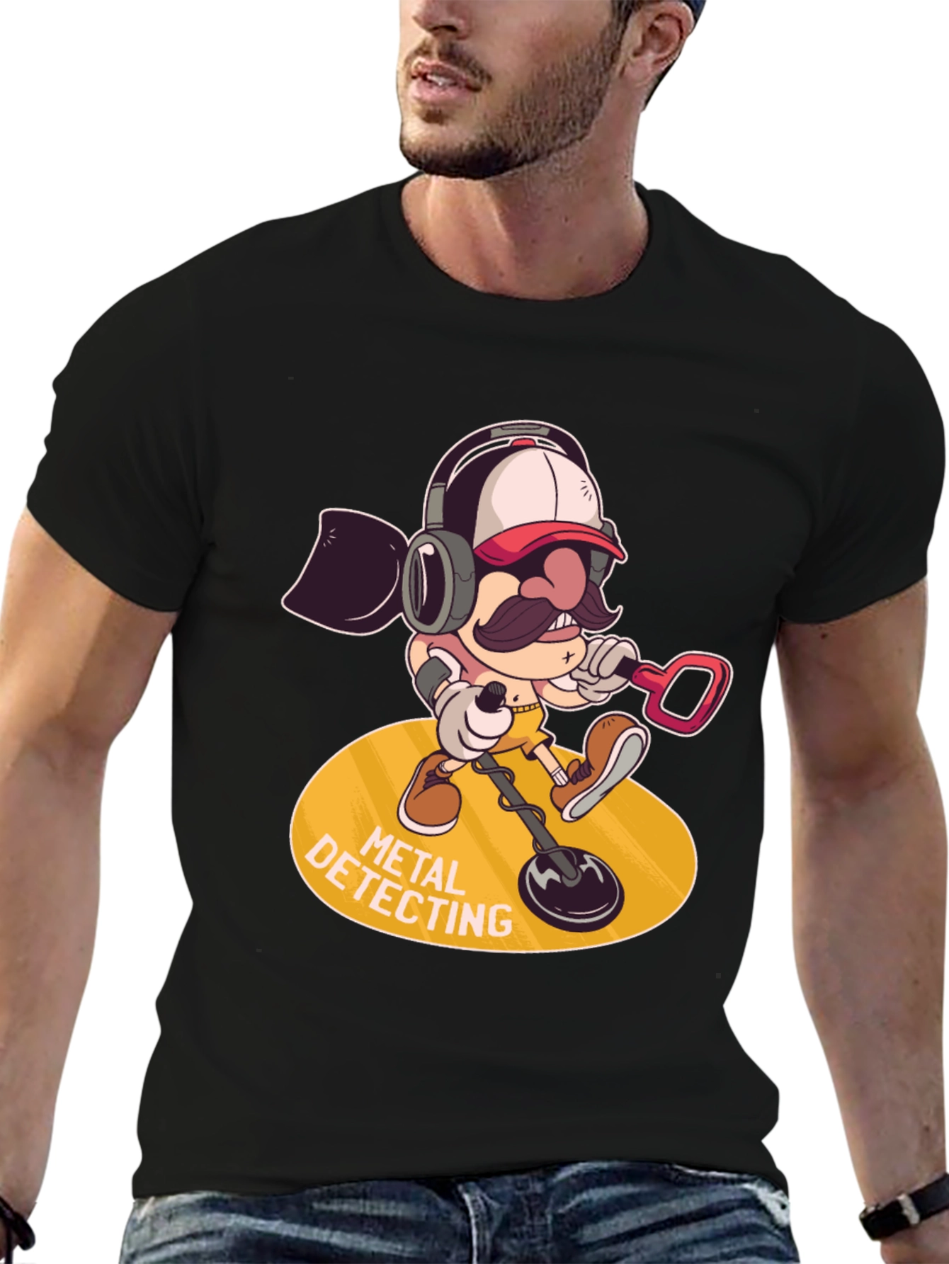 Metal Detecting Cartoon Graphic Tee - Black